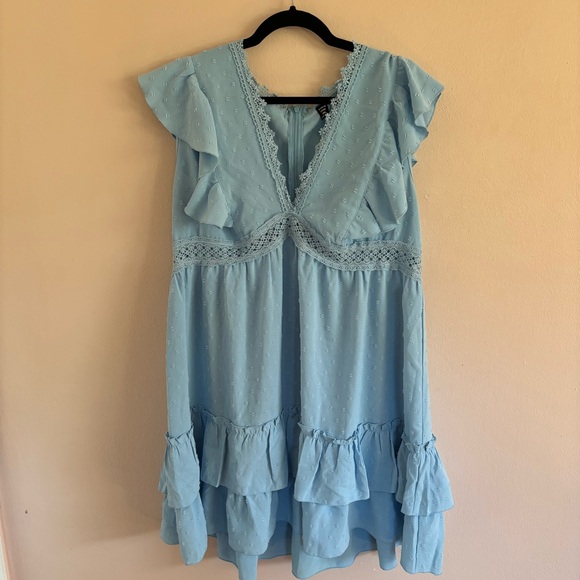 SHEIN Curve Plus Size 3X Baby Blue Ruffle Swiss Dot Flutter Sleeve Dress. - Picture 2 of 9